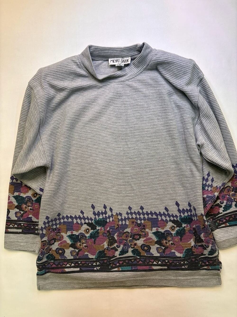Michael Carrie Vintage 90s Floral Diamond Print Ribbed Neck Pullover Sweater